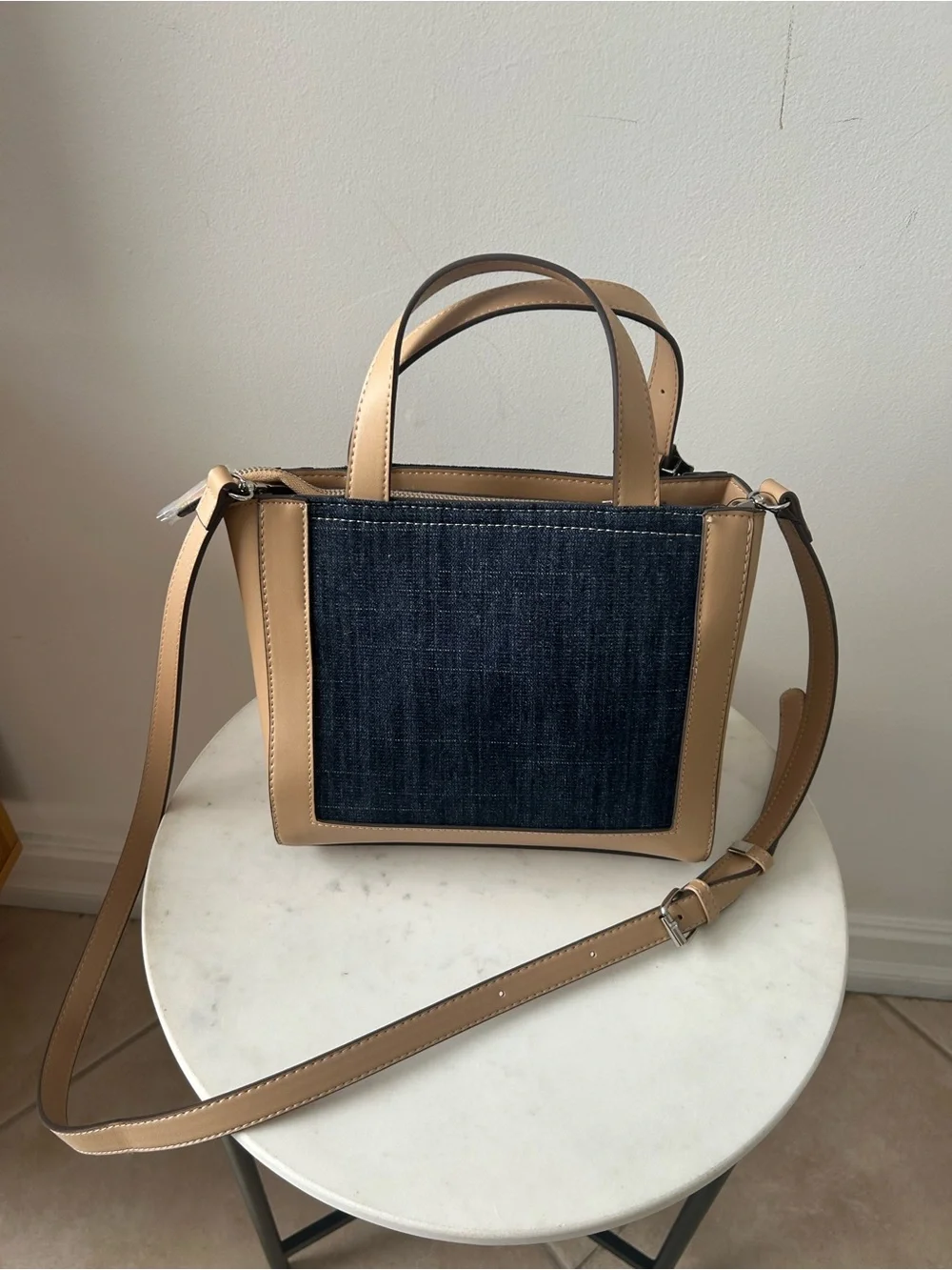 True Religion Tan and Denim Logo Mini Satchel